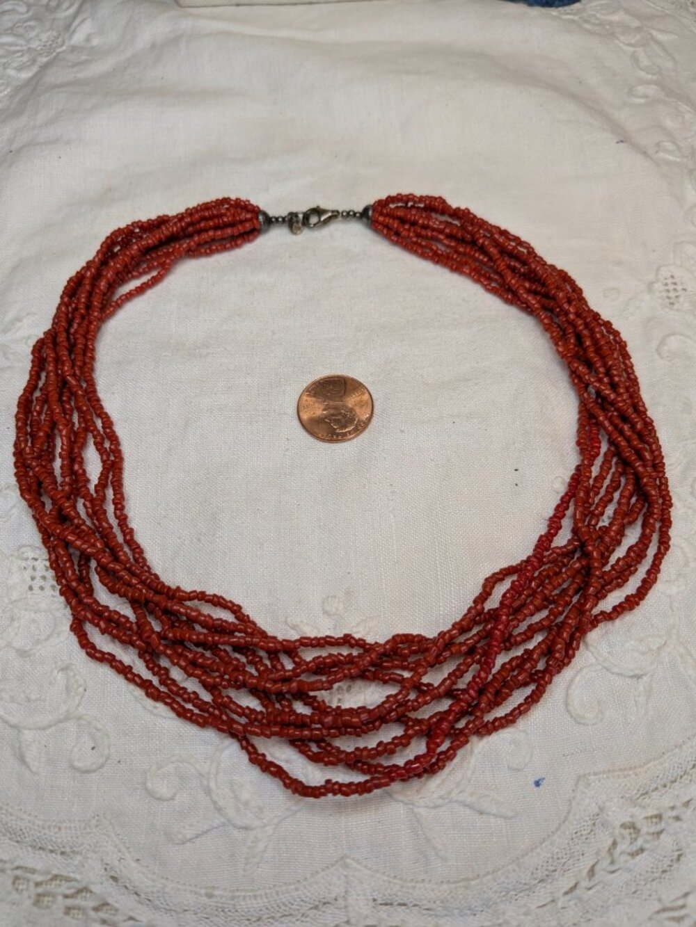 Vintage Silpada Red Coral Multi‑Strand Necklace – Sterling Silver Clasp, 17"